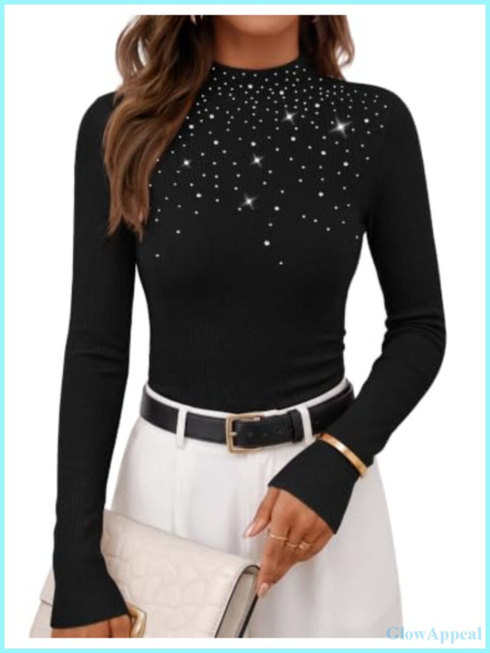 Ribbed Mock Neck Rhinestone Long Sleeve Pullover Sweater